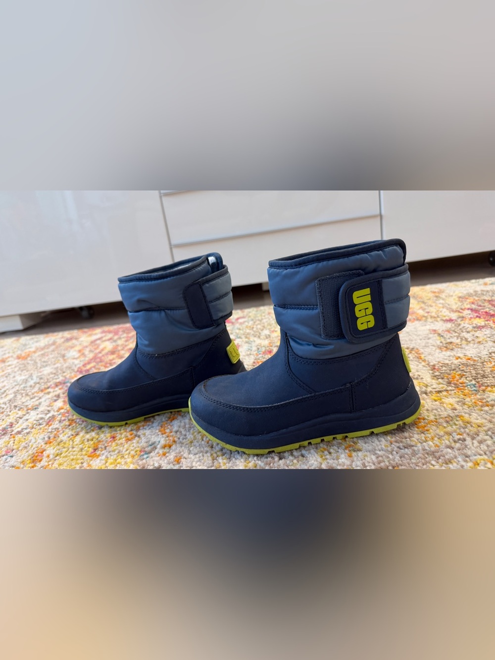 UGG Navy Blue Little Kids Snow Boots with Lime Accent